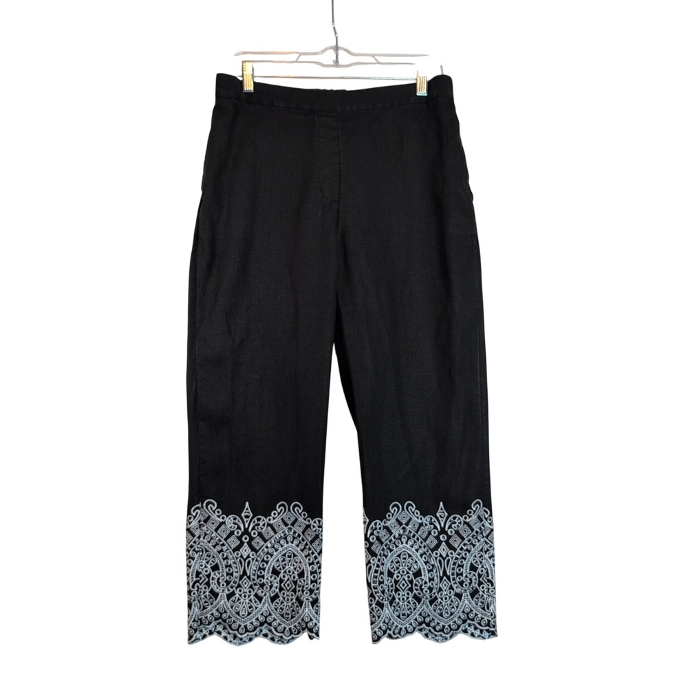 Chico's Black 100% Linen Embroidered Scallop Hem Crop Pants Size 1 US 8